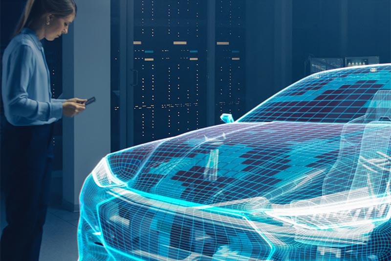 Woman manipulating an app while viewing a car rendering.